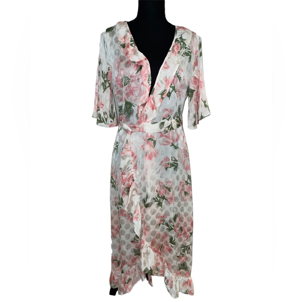 Code Mode - White/Pink Floral Long Sheer Polka Dot Dress/Cardigan (S) [Poly]